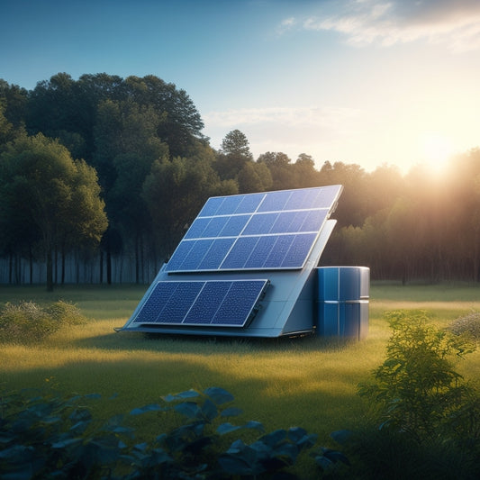 A futuristic landscape featuring a sleek, silver solar panel array surrounded by lush greenery, with a sleek, modern battery storage unit in the foreground, emitting a soft blue glow.