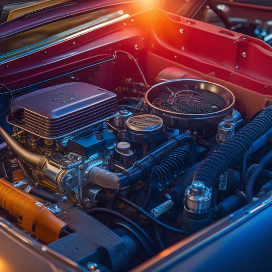 A close-up of a Ford Mustang's engine bay with electric components and wires installed, surrounded by tools and wiring diagrams, with a subtle hint of sparks or electricity in the background.