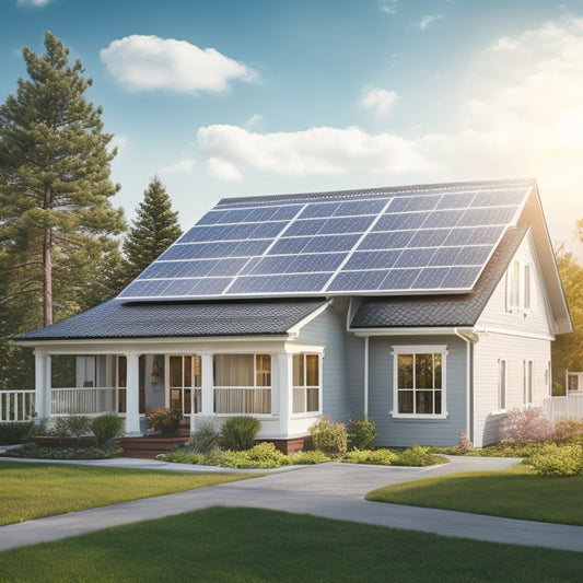 A serene suburban house with solar panels installed on the roof, surrounded by measuring tapes, calculators, and blueprints, with a subtle background of a sunny sky and fluffy white clouds.