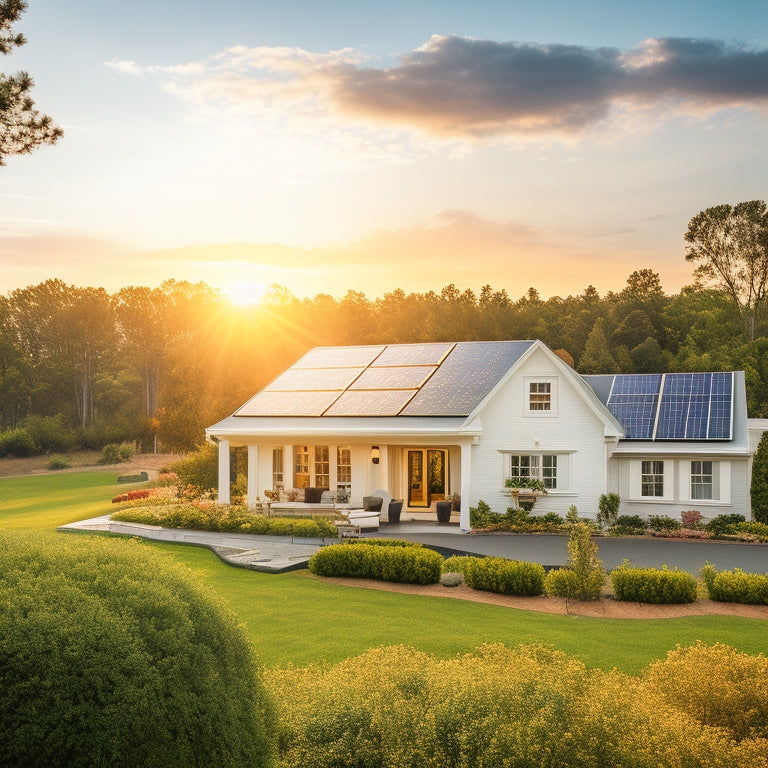 A serene suburban landscape with a modern single-story home, solar panels installed on the roof, and a subtle sunburst in the background, surrounded by lush greenery and a few fluffy white clouds.