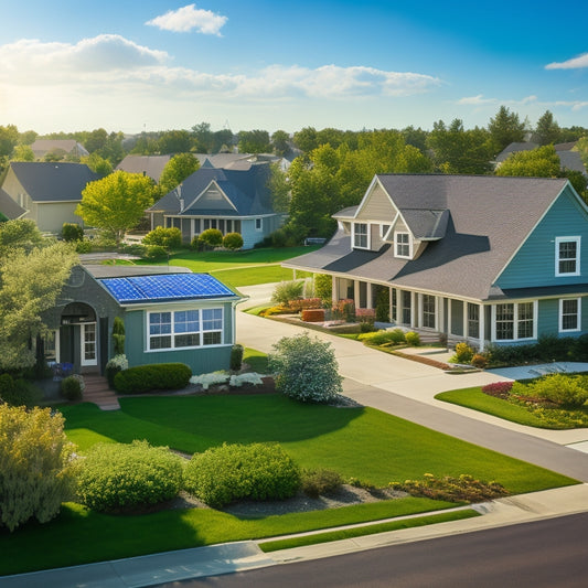 A serene suburban neighborhood with 5-7 houses, each featuring a unique solar panel installation, varying in size and design, set against a bright blue sky with a few puffy white clouds.