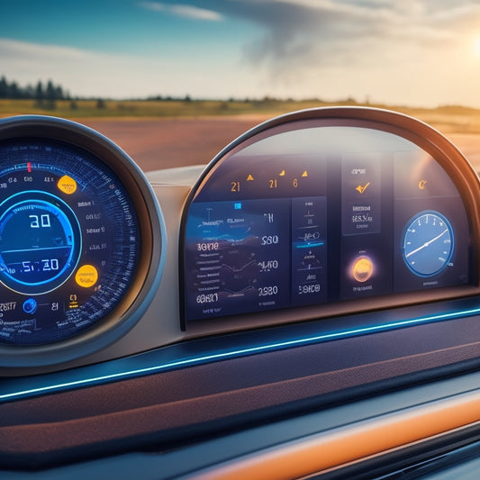 A futuristic dashboard with a large, circular gauge displaying a solar panel's energy output, surrounded by smaller screens showing real-time data on temperature, voltage, and energy consumption.