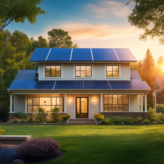 A serene suburban home with solar panels installed on the roof, surrounded by lush greenery, with a subtle sunbeam highlighting the system's components and a faint glow emanating from the windows.