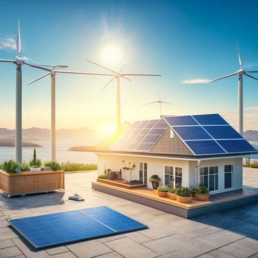 An illustration of a residential rooftop with solar panels, surrounded by icons representing various cost factors, including a money bag, a measuring tape, a globe, and a sun, set against a bright blue sky.