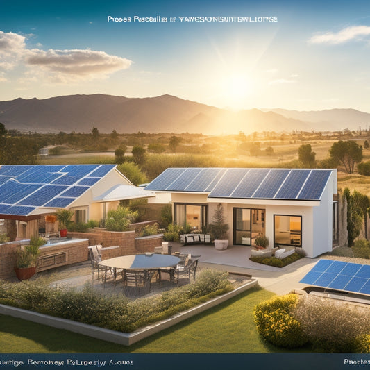 An illustration featuring a California landscape with solar panels installed on rooftops, surrounded by icons representing different factors (e.g., money bags, house sizes, sun intensity) influencing installation costs.