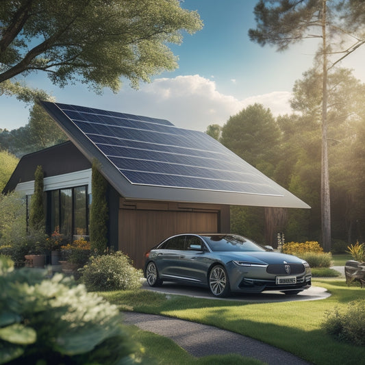 A serene outdoor setting with a parked car, its roof and hood covered with sleek, black solar panels, connected to a battery pack and inverter, surrounded by lush greenery and a bright blue sky.