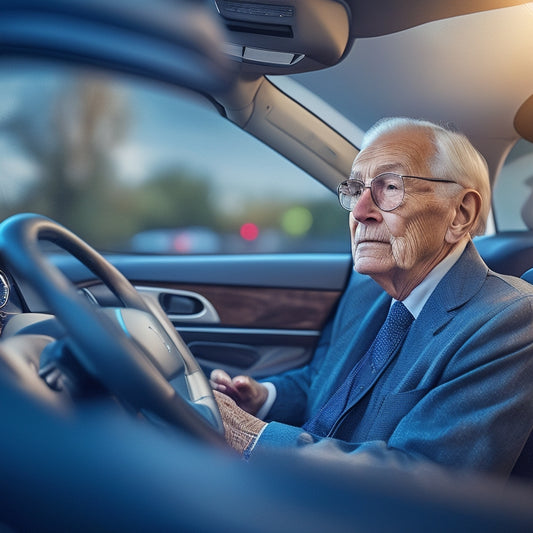 An image depicting an elderly driver, 70+, sitting comfortably in a modern vehicle, surrounded by advanced safety features: lane departure warning lights, blind-spot monitoring displays, and a large, high-resolution backup camera screen.