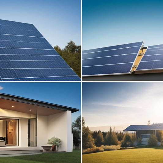 A split-screen image: on the left, a graph with declining curves for solar panels and battery systems, with a faint grid background and subtle shading; on the right, a modern home with integrated solar panels and a sleek battery system.