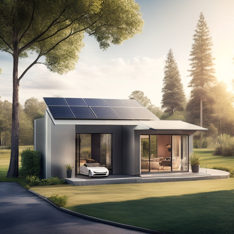 A futuristic home exterior with sleek solar panels on the roof, a Tesla Powerwall and LG Chem RESU battery storage units installed on the wall, surrounded by lush greenery and a sunny sky.