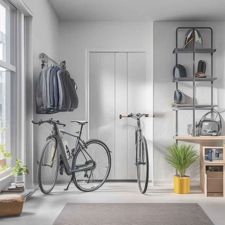 A clutter-free apartment interior with a sleek, silver e-bike parked beside a compact, wall-mounted storage rack holding a helmet, gloves, and a small toolbox, surrounded by minimalist decor.