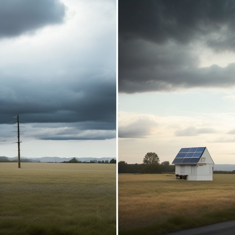 A split-screen image featuring a solar panel installation with bright, clear skies and a few fluffy white clouds on one side, and a dull, overcast sky with pollution and haze on the other.