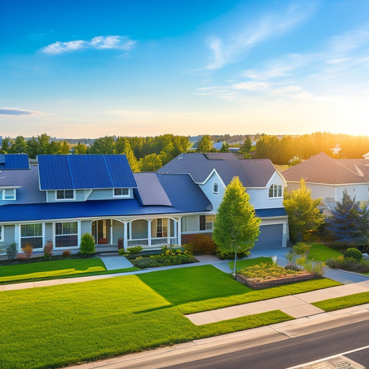 A serene suburban neighborhood with six houses, each featuring a unique residential solar panel installation, set against a bright blue sky with a few white, puffy clouds.