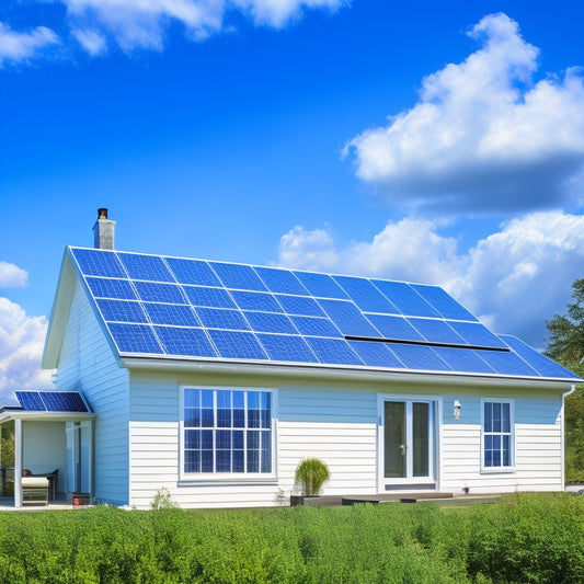 A bright blue sky with fluffy white clouds, a modern house with solar panels installed on the roof, and a subtle background of money signs and calculator icons, surrounded by subtle grid lines and measurements.