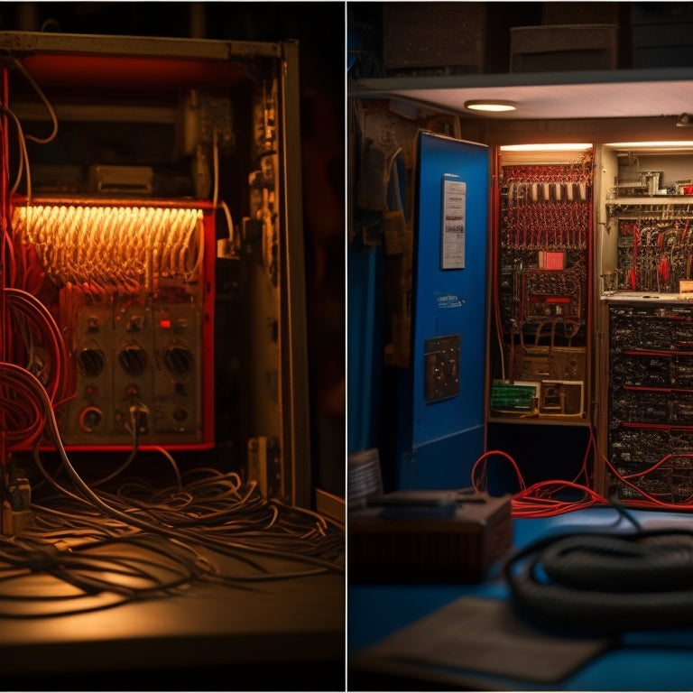 A split-screen image: a cluttered, dimly lit electrical panel on the left, with tangled wires and flickering lights, versus a tidy, well-lit panel on the right, with organized wires and a bright, steady glow.