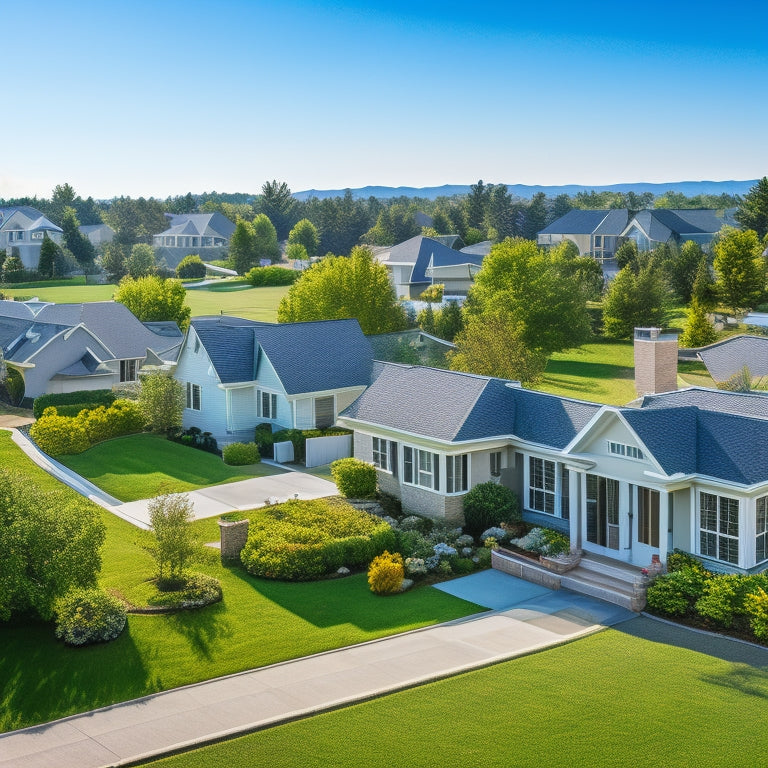 A serene suburban neighborhood with various residential houses, each with a unique solar panel system installation, showcasing different roof types, angles, and panel arrangements, set against a clear blue sky.