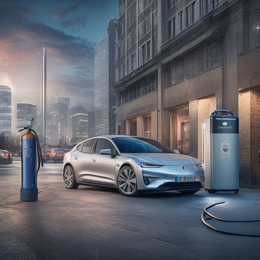 An illustration of a sleek, silver electric vehicle parked in a well-lit garage, surrounded by safety icons: a fire extinguisher, a first-aid kit, and a warning triangle, amidst a subtle cityscape background.