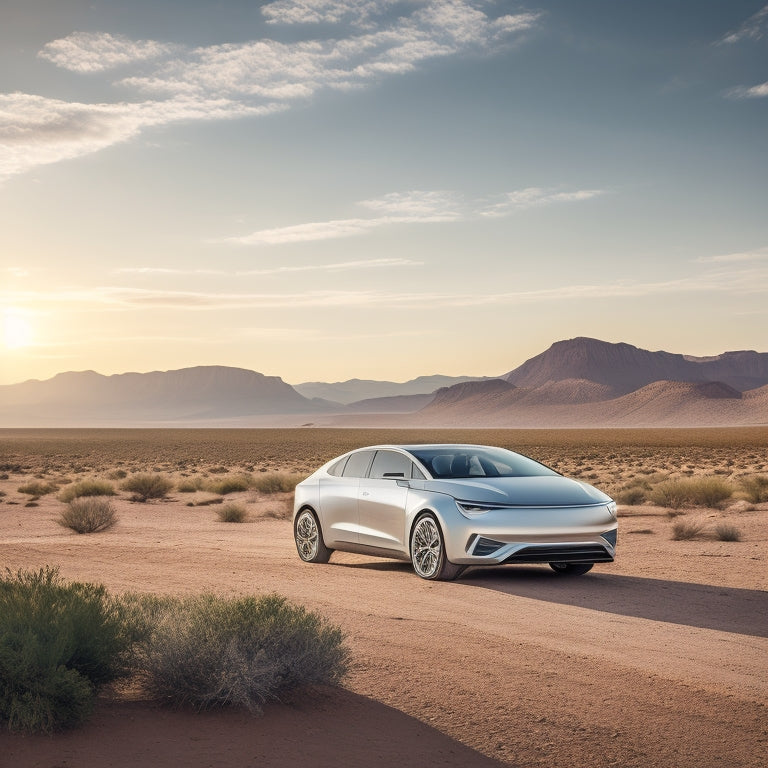 A serene desert landscape with a sleek, silver electric vehicle parked in the foreground, solar panels mounted on the roof, and a subtle, glowing battery icon above the trunk.