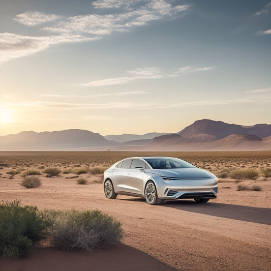 A serene desert landscape with a sleek, silver electric vehicle parked in the foreground, solar panels mounted on the roof, and a subtle, glowing battery icon above the trunk.