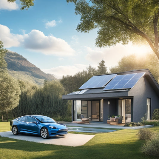 A serene, modern home surrounded by lush greenery, with solar panels on the roof, a wind turbine in the backyard, and a Tesla electric car parked in the driveway, set against a bright blue sky.