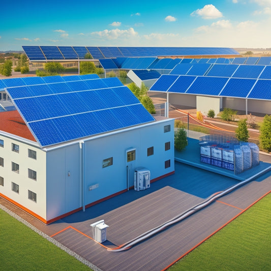 An illustration of a modern commercial building with a rooftop solar panel array, surrounded by various battery storage units of different shapes, sizes, and brands, with connecting wires and cables.