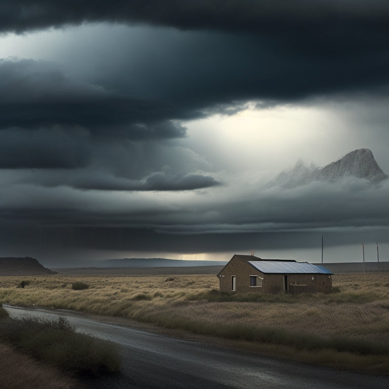 A dramatic, stormy landscape with dark gray clouds, heavy rain, and strong winds; in the foreground, several solar panels, each with a distinct design, standing resilient against the harsh weather.