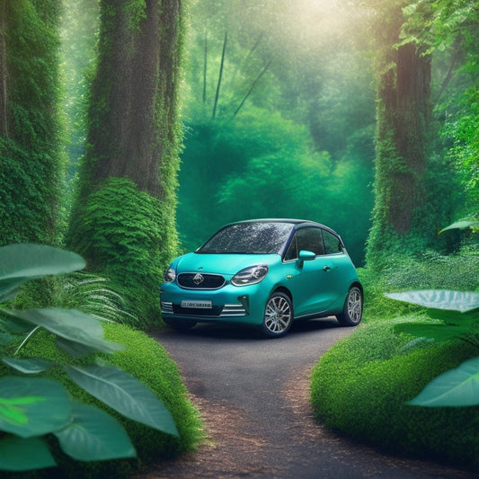 A serene, eco-friendly background with a green car in the center, surrounded by lush greenery and a few scattered leaves, with a subtle eco-badge or a green leaf emblem on the car door.