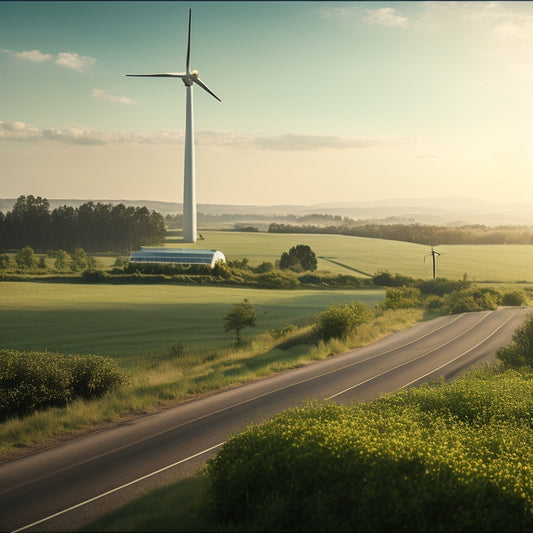 A serene, eco-friendly landscape with a faint outline of a car in the distance, surrounded by lush greenery, with a few wind turbines and solar panels subtly integrated into the scenery.