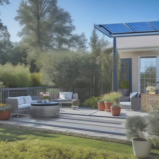 A serene backyard patio with a sleek, modern solar panel installation integrated into the railing, surrounded by lush greenery and a few lounge chairs, under a clear blue sky.