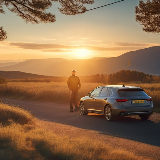 A serene outdoor scene with a parked car, a person in the distance, and a portable solar panel unfolded on the car's roof, with a subtle sun glow in the background.
