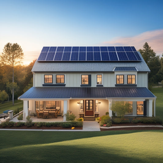 A serene suburban landscape with a mix of single-story and two-story homes, each with a uniquely sized solar panel array on the roof, varying from 5-20 panels, with a slight angle and gentle shading.