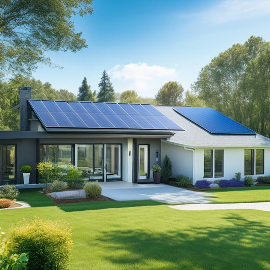 A serene suburban home with a sleek, black solar panel array on the roof, accompanied by a compact, modern battery storage unit on the lawn, surrounded by lush greenery and a sunny blue sky.