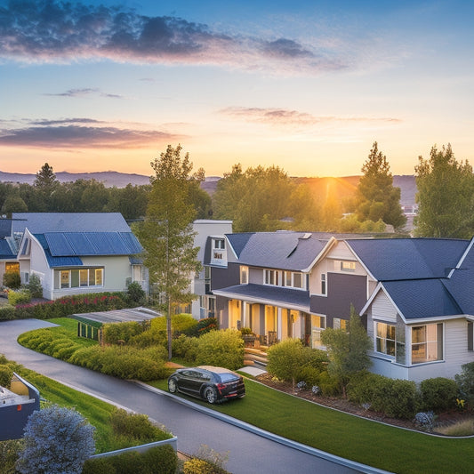 A serene residential neighborhood at sunset, with rooftop solar panels and sleek, modern energy storage units visible on select homes, amidst lush greenery and a bright blue sky.