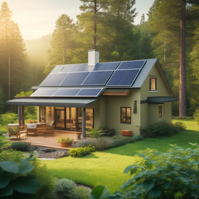 A serene off-grid home surrounded by lush greenery, with solar panels installed on the roof, a battery bank in the background, and a few energy-efficient appliances visible through the windows.