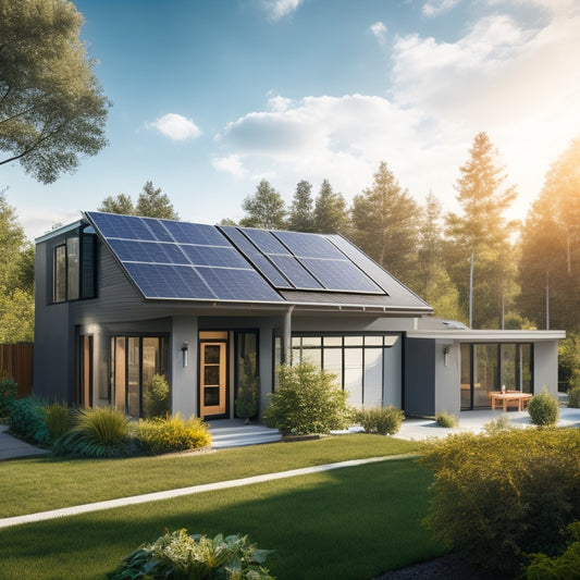 A serene, modern suburban home with a sleek, black solar panel array on the roof, amidst a clear blue sky with a few wispy clouds, surrounded by lush greenery.