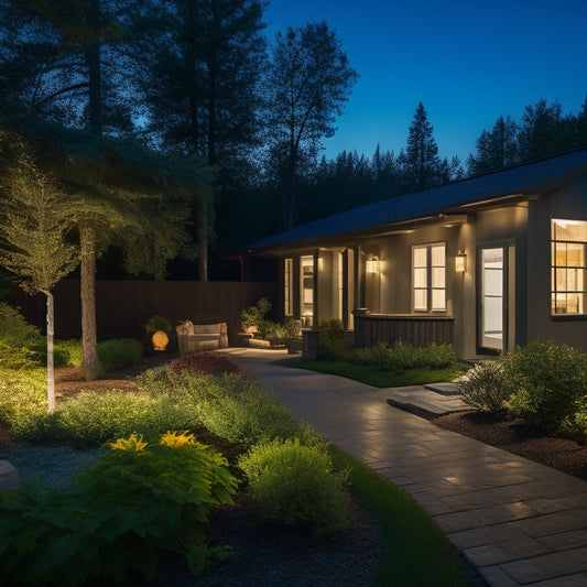 A serene evening scene with a modern home's exterior illuminated by a variety of solar-powered outdoor lights, including pathway lights, string lights, and lanterns, amidst lush greenery and a starry sky.