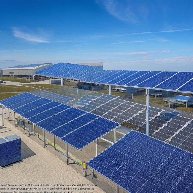 A diagram showcasing a commercial solar panel system with photovoltaic panels, inverters, mounting racks, and electrical connections, set against a blue-sky background with a commercial building in the distance.