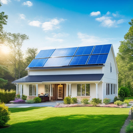 A serene suburban home with a mix of traditional and modern solar panels on its roof, surrounded by lush green trees and a bright blue sky with a few puffy white clouds.