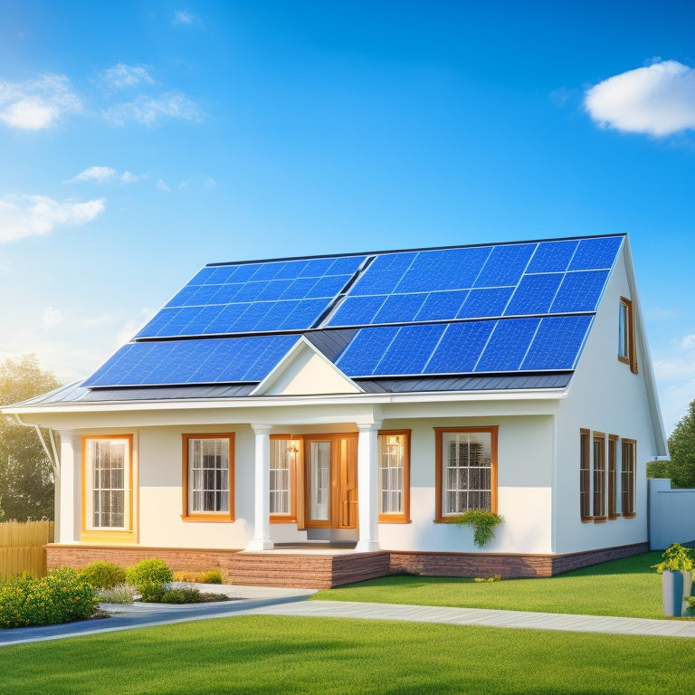 An illustration of a residential house with a solar panel array on the roof, surrounded by measuring tape, calculator, and blueprint, set against a bright blue sky with fluffy white clouds.