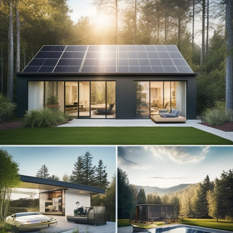 A modern home with sleek solar panels on the roof, a Tesla Powerwall on the wall, and a smart energy management system on a tablet, surrounded by lush greenery and a subtle grid pattern in the background.