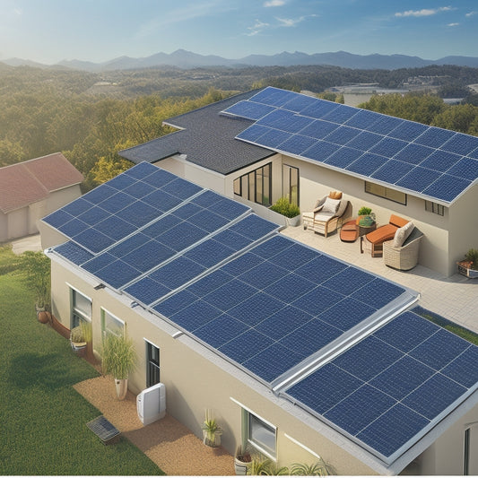 An illustration of a residential rooftop with various sized solar panels and corresponding battery storage systems of different capacities (kWh) in the background, connected by arrows and lines.