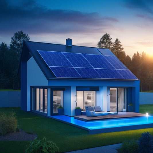 A futuristic illustration of a modern home with a rooftop solar panel array, accompanied by a sleek, compact energy storage system with glowing blue LED lights and a subtle grid pattern in the background.