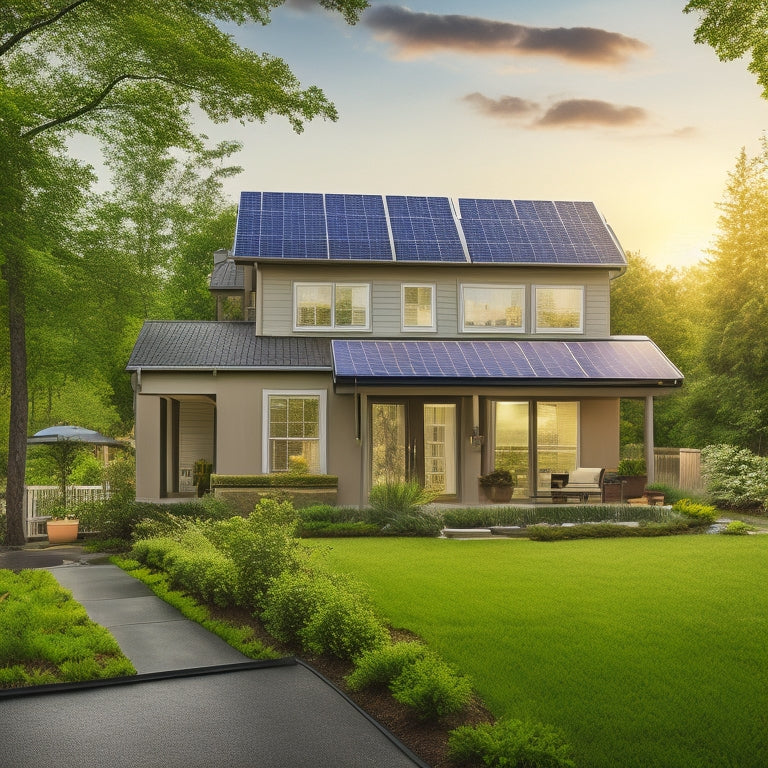 A serene suburban home with a modern solar panel array on its rooftop, surrounded by lush greenery, with a subtle sunbeam illuminating the panels and a faint electric meter in the corner.