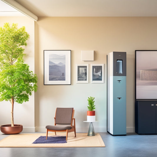 A modern home's interior with various power storage systems: a sleek Tesla Powerwall on the wall, a Sonnen eco battery in the corner, and a LG Chem RESU battery rack on the floor, surrounded by minimalist decor.