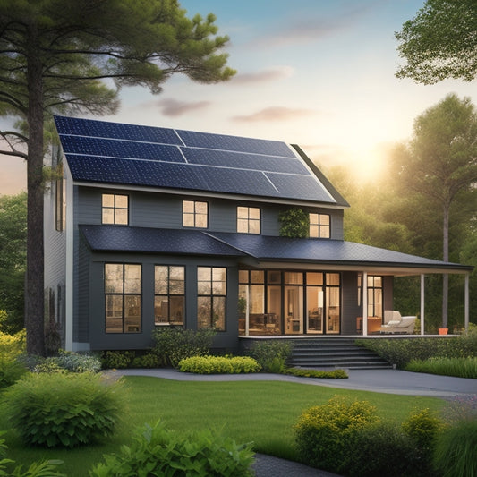 A serene suburban home with a sleek, black solar panel array on the roof, surrounded by lush greenery, with a subtle, sunny glow casting a warm light on the scene.