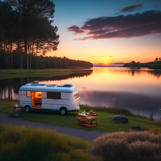 A serene campsite at dusk, with a camper van parked besides a tranquil lake, featuring a sleek solar panel installation on the van's rooftop, surrounded by lush greenery and a vibrant sunset.