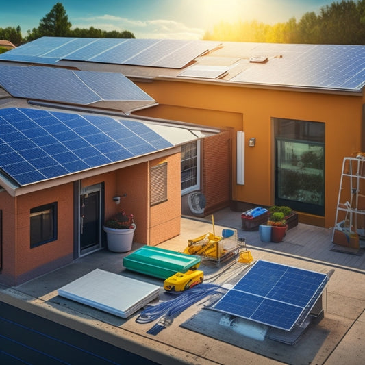 An illustration of a rooftop with solar panels, a wallet with a chunk taken out, and a background with icons of a house, electricity meter, and a worker installing panels.