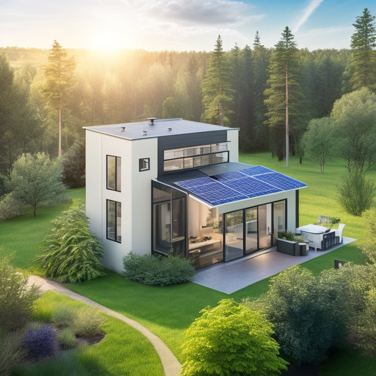 An illustration of a modern, eco-friendly home surrounded by lush greenery, with various energy storage systems visible, such as solar panels, wind turbines, and sleek, compact battery units.