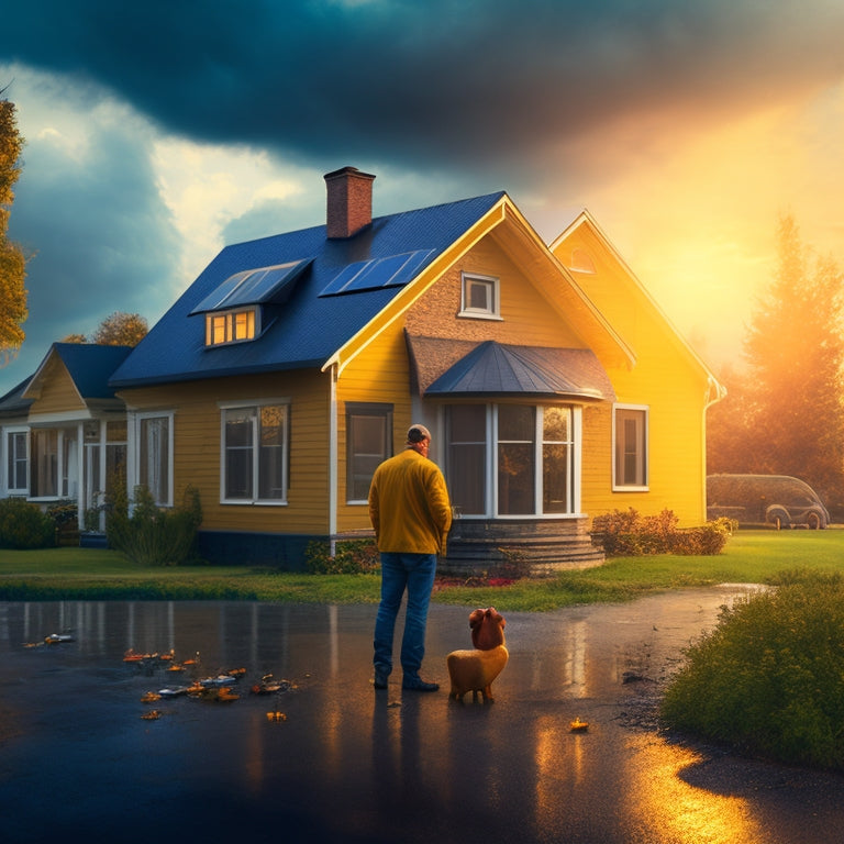 A dramatic, golden-lit illustration of a person standing in front of a house with solar panels, surrounded by broken piggy banks, shattered clocks, and torn contracts, amidst a subtle, ominous stormy background.