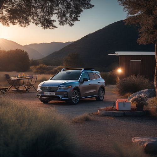 A serene outdoor setting with a parked car, its hood open, and a portable solar panel on the ground, connected to the car's battery, with a subtle glow and soft shadows.