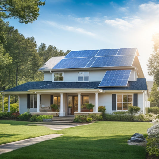 A serene suburban home with a mix of traditional and modern solar panels installed on the roof, surrounded by lush greenery and a bright blue sky with a few white clouds.